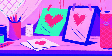 Creative crafting workspace with heart designs for national craft month