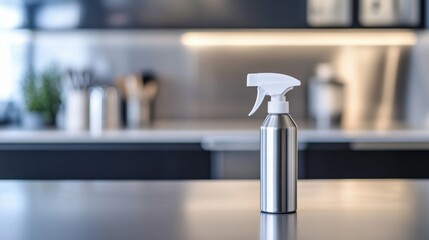 Disinfectant spray can with a glossy finish, placed on a kitchen counter with blurred stainless-steel appliances in the background.