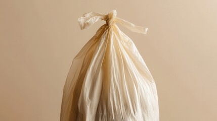 Plastic Garbage Bag on Beige Background with Tied Closure