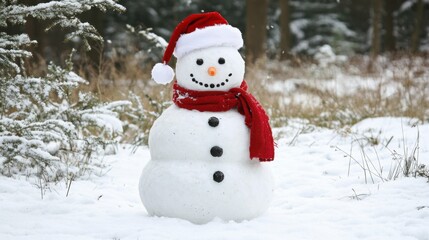 Obraz premium Snowman with a red scarf and Santa hat, surrounded by snowy pine trees, festive decorations, concept of holiday cheer, childhood joy, and winter fun.