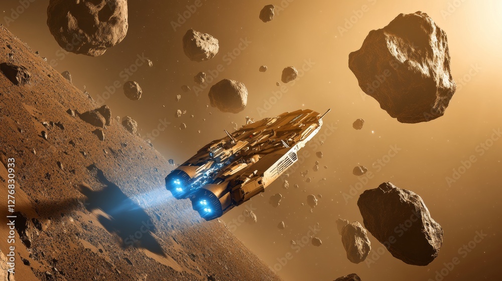 Poster realistic spaceship navigating asteroid belt with blue lights and a cinematic sci fi atmosphere