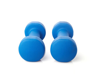 Two bright blue dumbbells sit side by side on a clean surface, perfect for strength training and home workouts