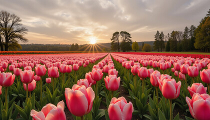 Vibrant tulip garden at sunset with sunray highlights, natural beauty