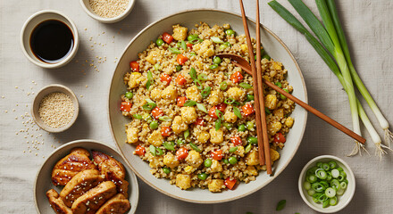 A visually appealing flat lay composition of easy cauliflower fried rice.