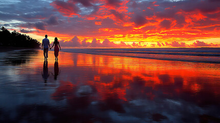 Fototapeta premium Couple walking on the beach with a red sunset reflected on the wet sand. Generated with AI