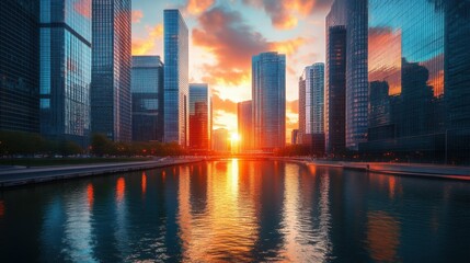 Fototapeta premium city skyline with tall glass buildings, vibrant sunset colors reflecting on windows, peaceful and tranquil mood, calm river below