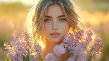 Fototapeta premium Beautiful Young Woman Holding a Bouquet of Flowers in a Sunlit Field