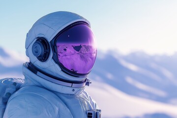 Fototapeta premium Astronaut in a purple spacesuit stands alone on a vast, otherworldly landscape