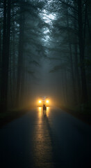Fototapeta premium A lonely dog stands in the middle of a forest road, facing an approaching car.
