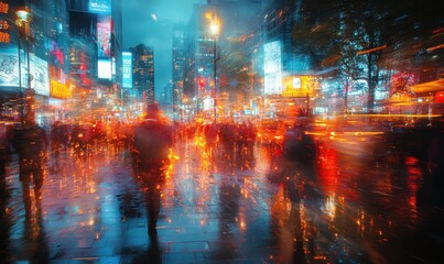 City streets illuminated by vibrant lights during busy night hours