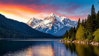Paisagem Montanhosa ao Amanhecer: Reflexos Serenos no Lago Cristalino para Posters e Decoração