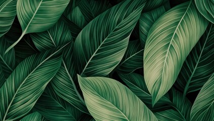 Abstract botanical illustration with green leaves texture, a vibrant pattern of nature's foliage.