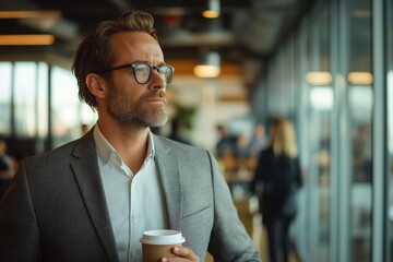 Confident Boss Walking Through Modern Office, Sipping Coffee, Exuding Leadership and Authority
