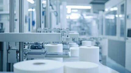Cutting-edge machinery producing rolls of white paper in a clean factory setting