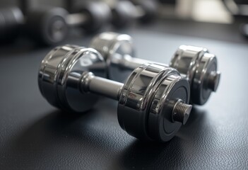  Shiny chrome dumbbells resting on a black surface symbolizing strength and fitness