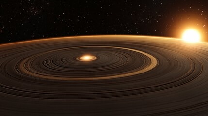 Fototapeta premium distant planet with rings glowing faintly under the light of a twin star system