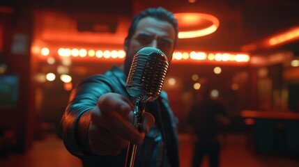 Singer, microphone, bar, night, performance, red, lights, music, close-up, film