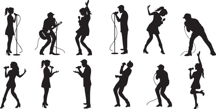 vector silhouettes of people, silhouettes of people singing and playing instruments Adobe Illustrator Artwork