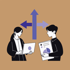 two people are standing next to a purple arrow pointing to a laptop