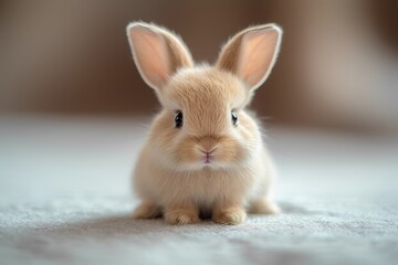 Obraz premium A small fluffy bunny with light fur and big ears sits calmly on a soft surface. The bright indoor setting enhances its adorable features during the afternoon hours.