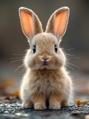 Obraz premium Cute fluffy bunny sitting on a soft surface in a bright indoor setting during the afternoon