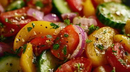 Fresh vegetable salad with olive oil and herbs, healthy meal, vibrant colors, appetizing and nutritious, close-up