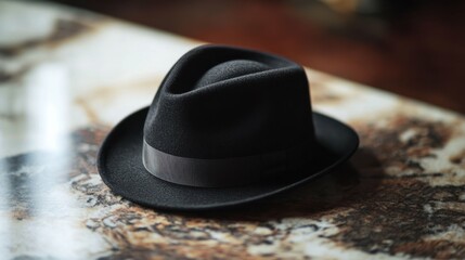 Classic fedora in black, resting on a polished marble surface with blurred elegant decor nearby.
