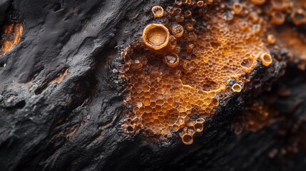 High-detail close-up of propolis composition showcasing intricate structures and color variations on natural substrate