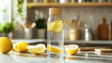 Clear glass water bottle with a bamboo lid, placed on a kitchen countertop surrounded by sliced lemons and blurred utensils.