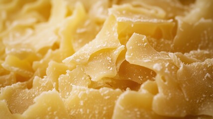 Close-up view of raw beeswax flakes showcasing intricate natural textures and colors