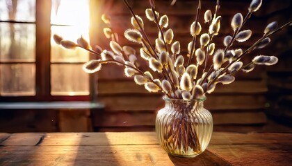 Soft sunlight highlights a vase of willow branches placed on a wooden table near a window in a cozy cabin
