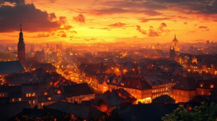Naklejka premium sunset over historic city skyline, warm colors, glowing lights, ancient architecture, peaceful evening, charming atmosphere, rich cultural heritage, scenic view