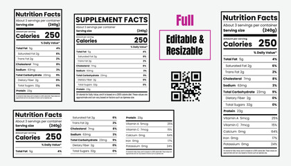 Nutrition facts template, supplement facts template and vitamin facts vector template