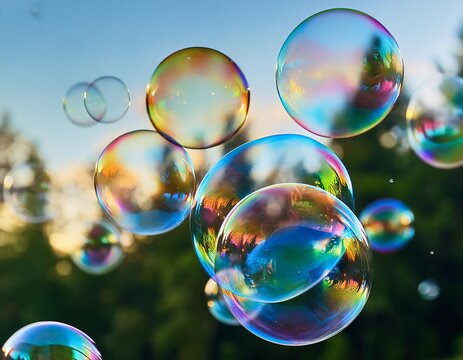Colorful soap bubbles reflecting nature during sunset in a tranquil outdoor setting