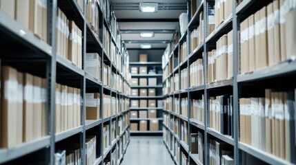 Fototapeta premium Shelves filled with historical documents in a temperature-controlled archive room, designed to ensure longevity and protection