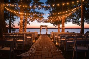 A picturesque outdoor wedding ceremony illuminated by string lights, creating an intimate and warm atmosphere as dusk falls