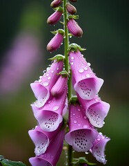 Morning dew glistens on vibrant foxglove blooms in a lush garden setting