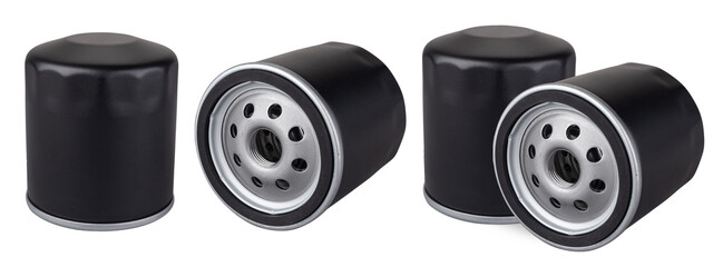 Set collection of two black oil filters isolated on white background. highlighting their metal construction and circular openings used for engine oil filtration. car spare part and service concept.
