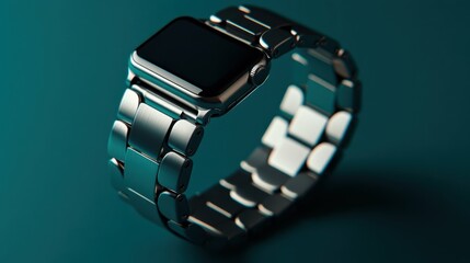 elegant smartwatch band in stainless steel on dark teal background