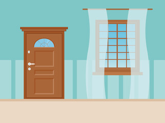 Wooden entrance door and window overlooking a serene summer lake landscape