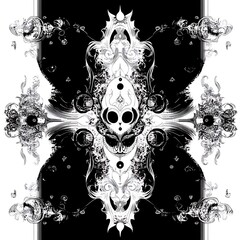 Abstract symmetrical design, intricate patterns, black and white. Possible use Print, textile design
