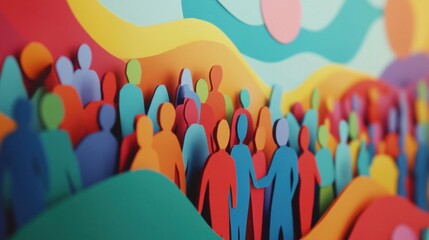 diverse crowd of paper cutout figures symbolizing unity and inclusion, colorful backdrop