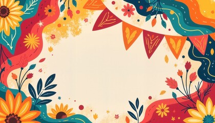 Fototapeta premium Vibrant papel picado banners framing elegant wedding invitation design, celebration