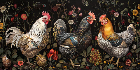 Farmyard Elegance – Brightly Feathered Chickens in Nature
