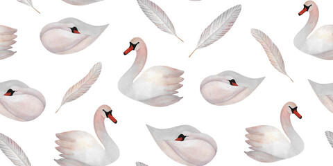 Watercolor swan and feather seamless pattern with birds and quills Cute print for wallpaper, wrapping paper, baby design Nursery decoration Minimalism