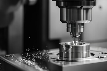 Machinist supervising CNC milling process, ensuring precision in custom component production, modern industrial facility