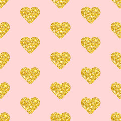 Pattern with gold glitter hearts on pink background. Vector illustration.