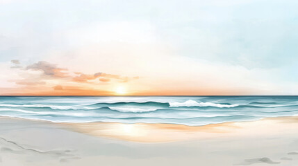 Fototapeta premium serene ocean scene with gentle waves rolling onto sandy shore under soft pastel sky. horizon blends pale blue and gray hues, creating tranquil and calming atmosphere as sun sets in distance