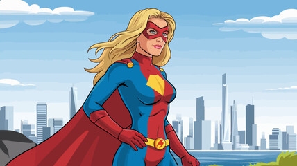 Powerful Female Superhero Watching Over the City – Vector Art © Ashes Studio