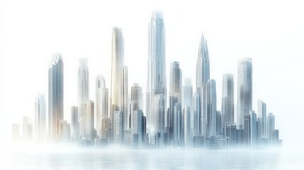 Fototapeta premium Ethereal skyline of modern skyscrapers shrouded in mist over a tranquil water surface